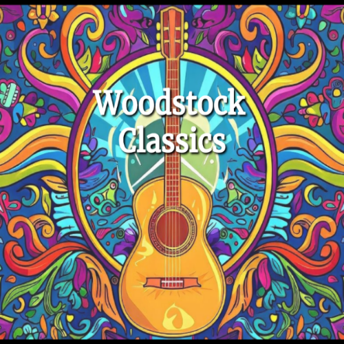 Woodstock Classics Image with a guitar and a psychedelic colorful background