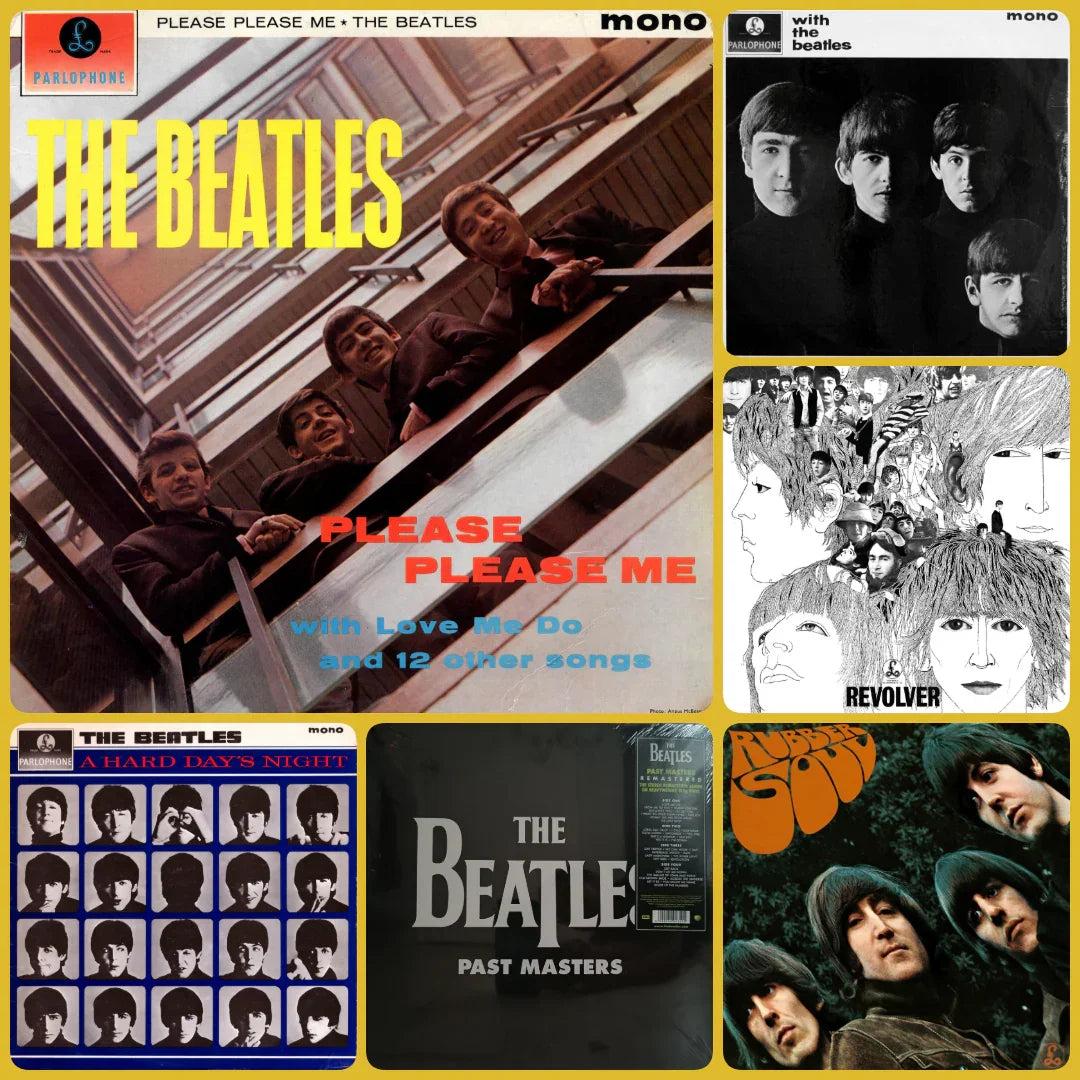 Collage of classic Beatles album covers including Please Please Me, Revolver, and Rubber Soul.