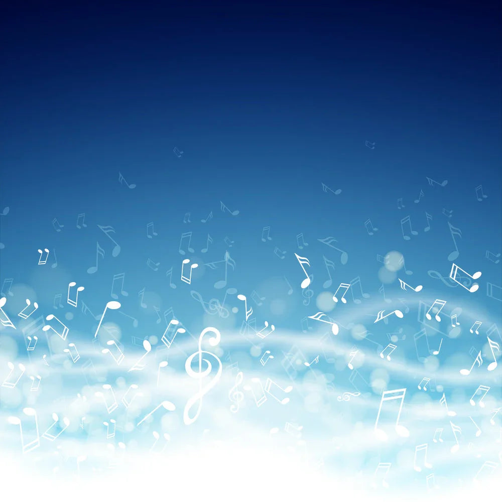 Floating white music notes on a blue sky background, symbolizing uplifting music.
