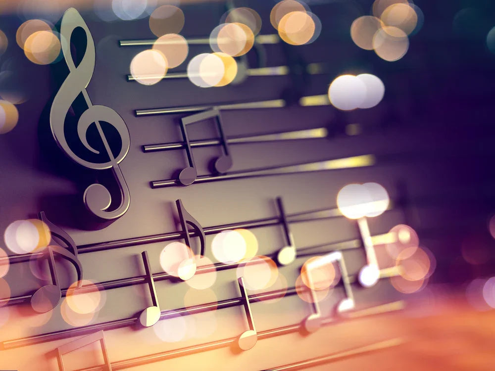 Abstract close-up of musical notes and staff with glowing light bokeh, music concept