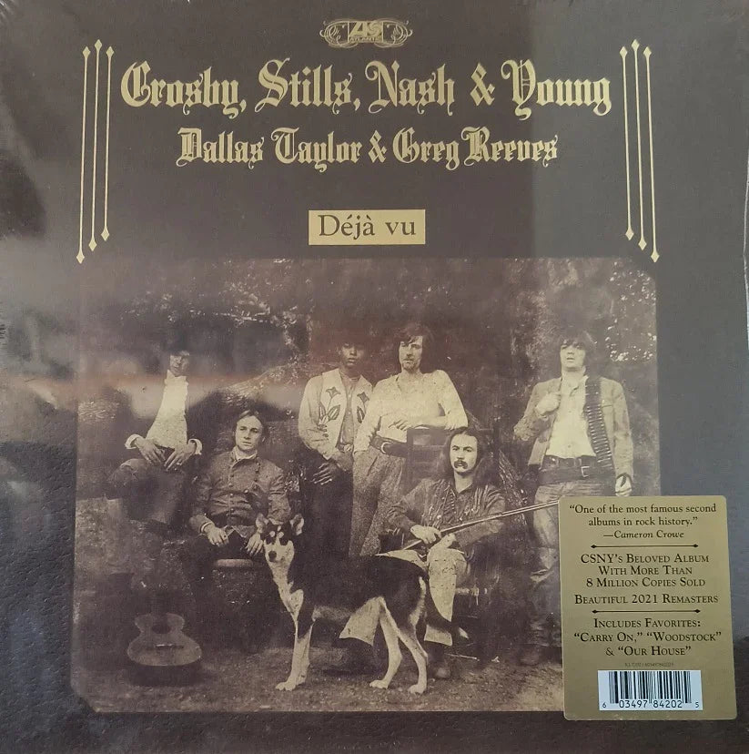 Crosby Stills Nash & Young Déjà Vu vintage album cover with sepia band photo and gold lettering