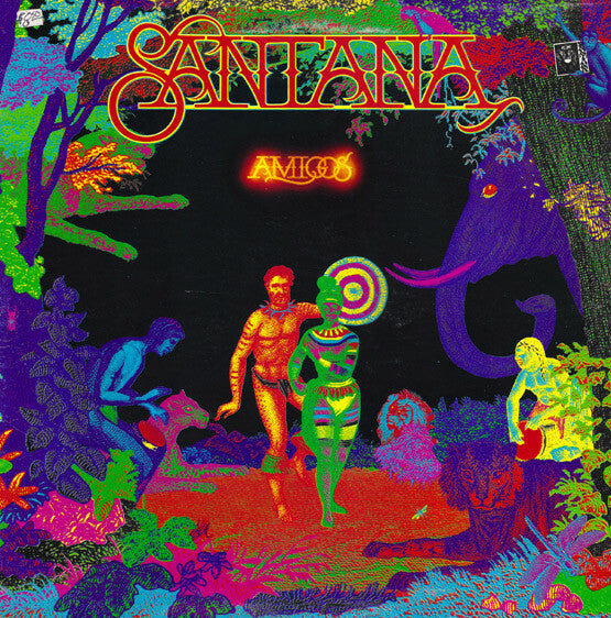 Psychedelic vinyl record cover with colorful jungle scene, fantasy figures, and bold lettering.