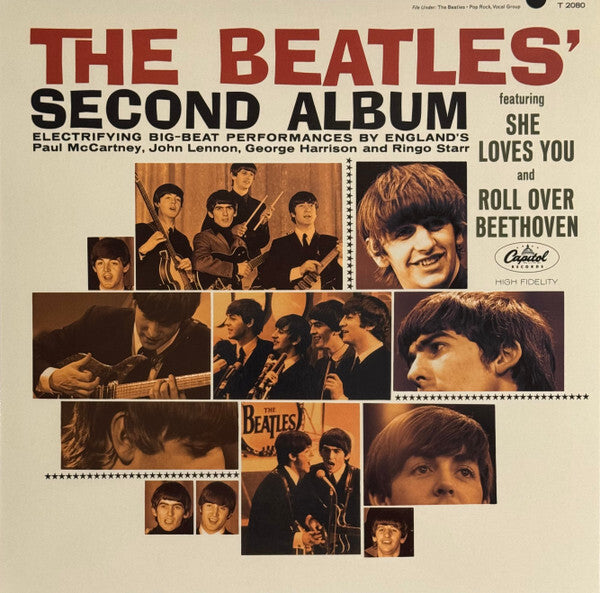 The Beatles' Second Album vinyl cover with collage photos of the band and track highlights.