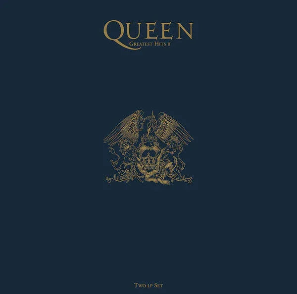 Queen Greatest Hits II vinyl record cover with gold crest on dark blue background