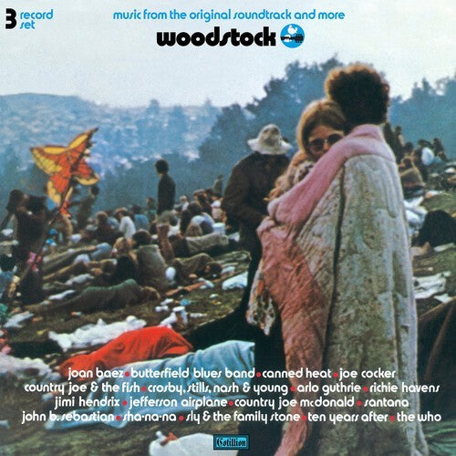 Woodstock vinyl record cover showing festival crowd, couples embracing, classic rock artists list