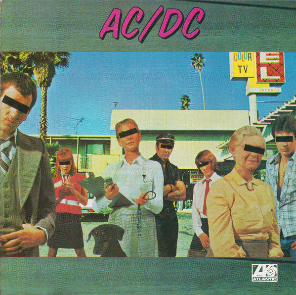 AC/DC Dirty Deeds Done Dirt Cheap album cover showing people with blacked-out eyes in front of a motel.
