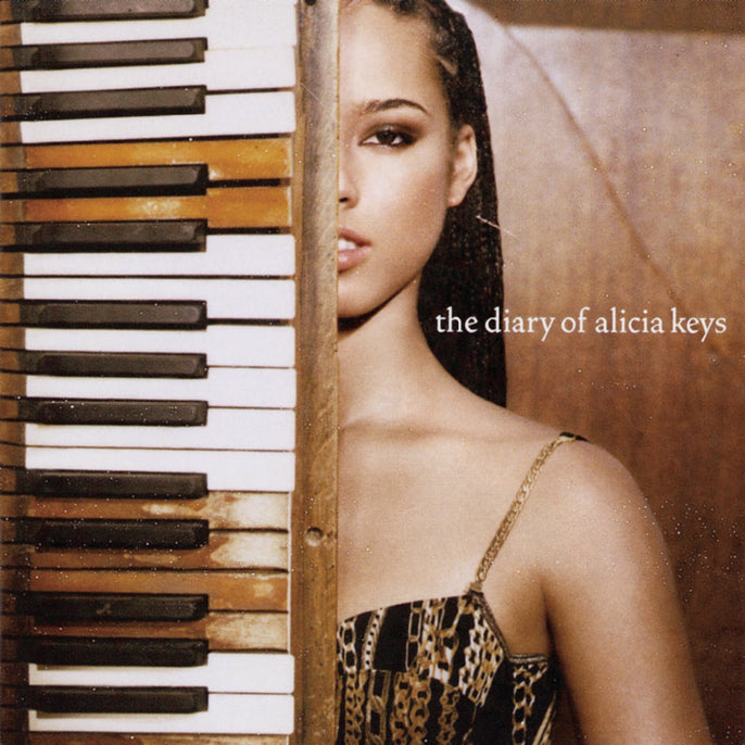 The Diary of Alicia Keys album cover with piano keys and a woman's face