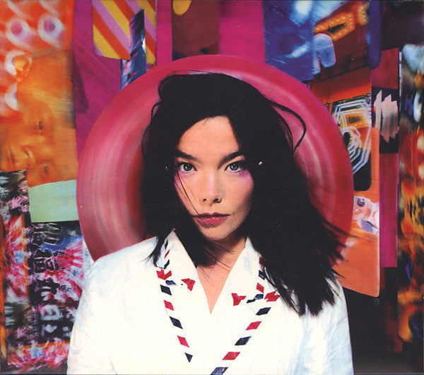 Woman with dark hair in a white outfit, vibrant abstract background, vinyl record cover