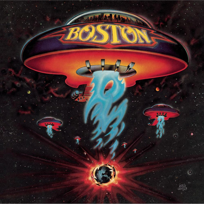 Boston album cover art with flying spaceship guitars over a fiery planet in outer space