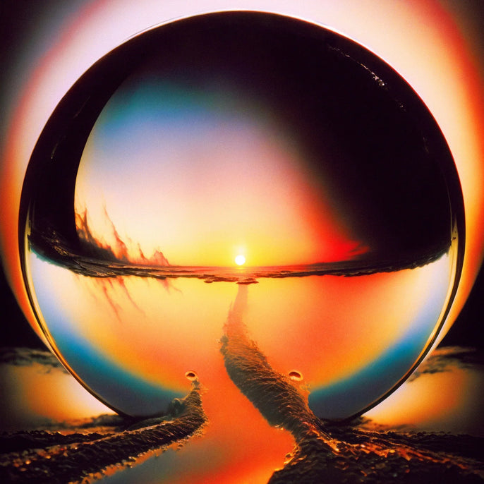 Neon pill-shaped object with vibrant sunset colors and surreal reflection effect