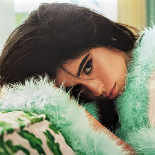 A woman with long dark hair lies on a light green furry surface, gazing directly at the camera with a neutral expression.