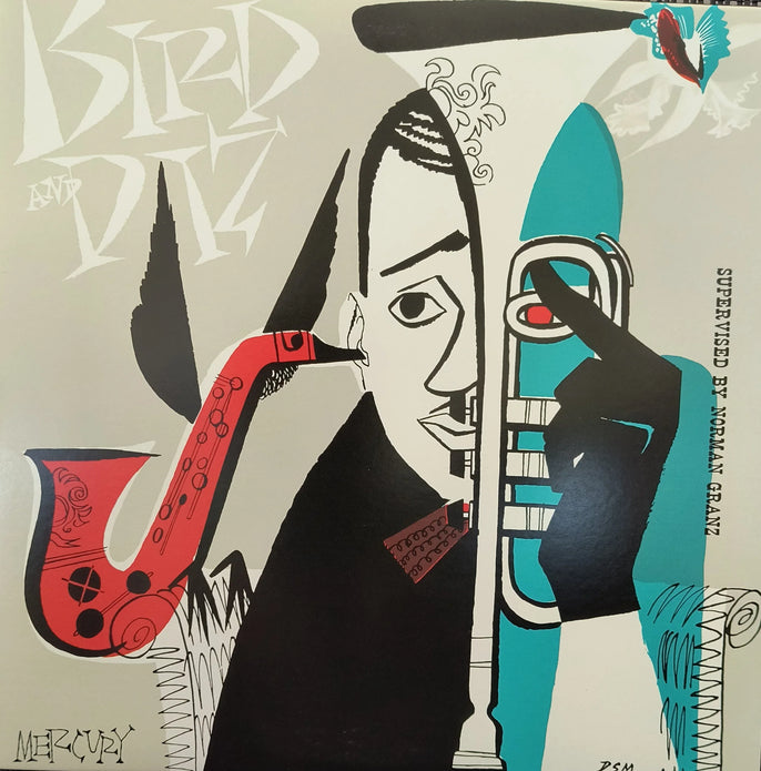 Bird and Diz jazz album cover with abstract saxophone and trumpet illustration
