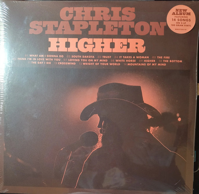 Chris Stapleton Higher vinyl album cover with silhouette of singer in cowboy hat at microphone.