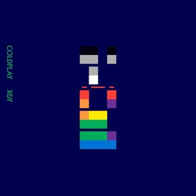 Coldplay X&Y album cover with colorful abstract blocks on dark blue background