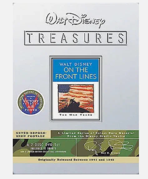 DVD cover for "Walt Disney Treasures: On the Front Lines," a 2-disc set featuring WWII-era Disney films, marked as "The War Years" from 1941 to 1945.