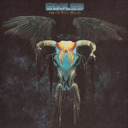 Eagles One of These Nights album cover with winged skull artwork on dark background
