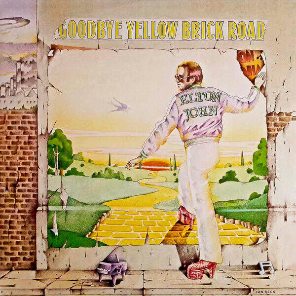 Illustration of Elton John in a jeweled jacket stepping onto a yellow brick road, with the album title "Goodbye Yellow Brick Road" above and scenic landscape in the background.
