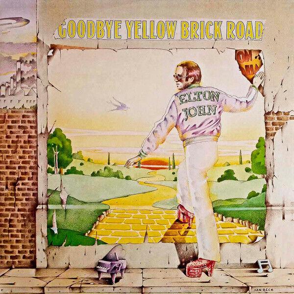 Illustration of Elton John in a jeweled jacket stepping onto a yellow brick road, with the album title "Goodbye Yellow Brick Road" above and scenic landscape in the background.