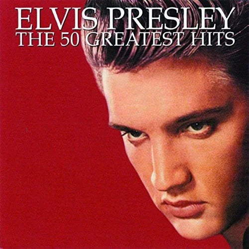 Elvis Presley The 50 Greatest Hits album cover with portrait on red background, vinyl record