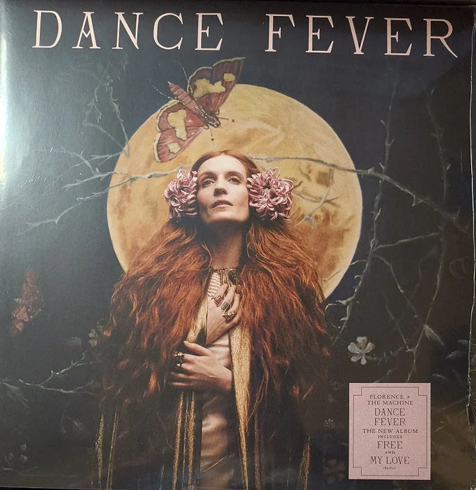 Dance Fever vinyl album cover featuring ethereal woman with long hair, flowers, full moon and butterfly.