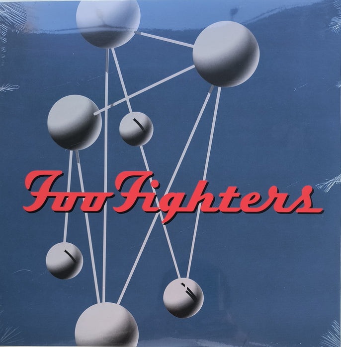 Foo Fighters The Colour and the Shape album cover with grey spheres and red logo on blue background
