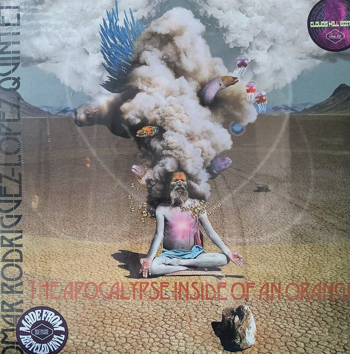 Surreal vinyl album cover with a meditating man, animals, clouds, and desert landscape