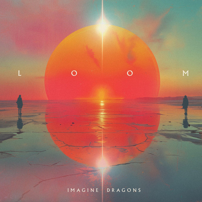Imagine Dragons Loom album cover with two figures, large orange sun, and surreal landscape