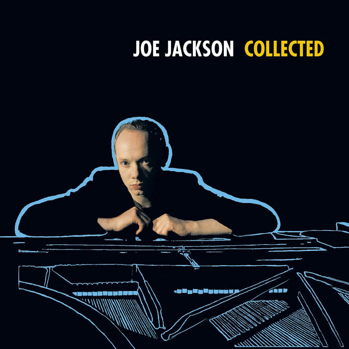 Joe Jackson Collected vinyl album cover with artist leaning on illustrated piano