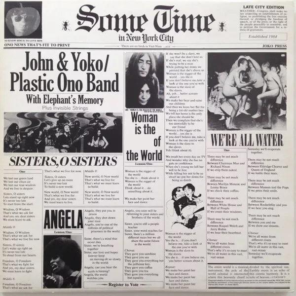 John & Yoko Plastic Ono Band album cover styled as a newspaper, black and white, music theme.