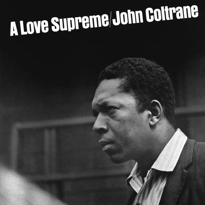A Love Supreme John Coltrane vinyl album cover, black and white portrait of musician