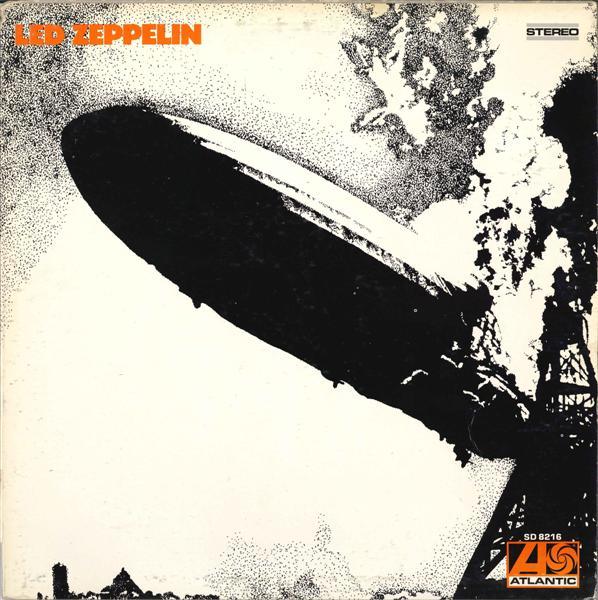 Led Zeppelin I album cover featuring a burning airship in black and white, classic rock vinyl