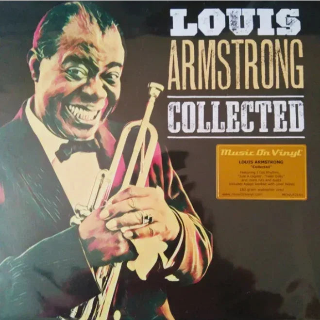 Album cover featuring Louis Armstrong smiling and holding a trumpet, with the text "Louis Armstrong Collected" and a gold “Music On Vinyl” label on the right.