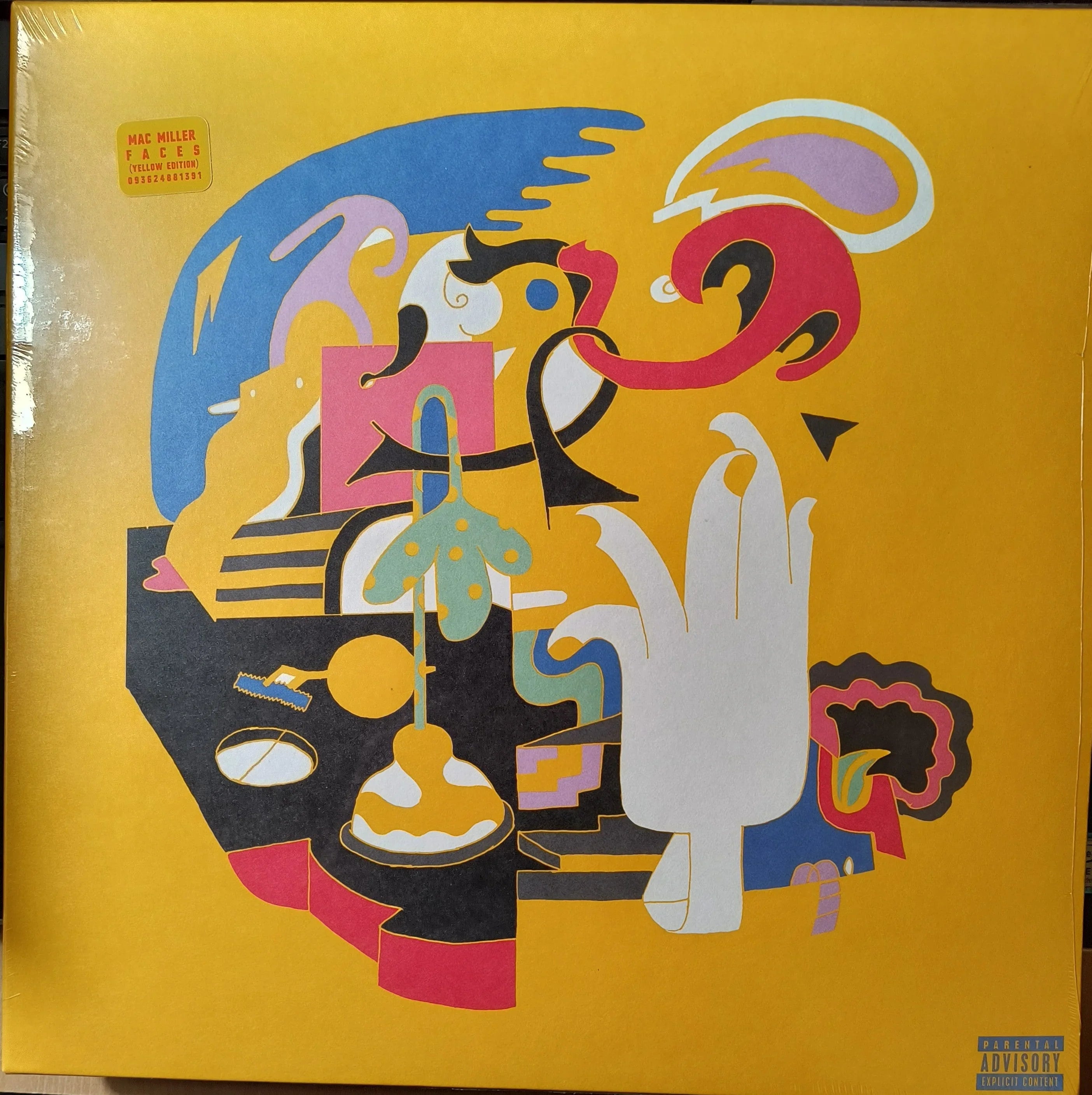 Abstract colorful artwork with various shapes and forms on a yellow background, featuring a white hand and multiple overlapping patterns.