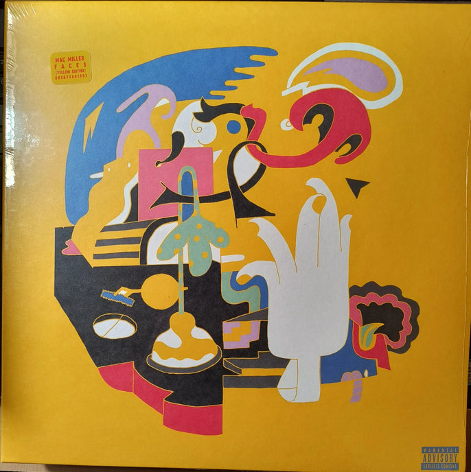 Abstract colorful artwork with various shapes and forms on a yellow background, featuring a white hand and multiple overlapping patterns.