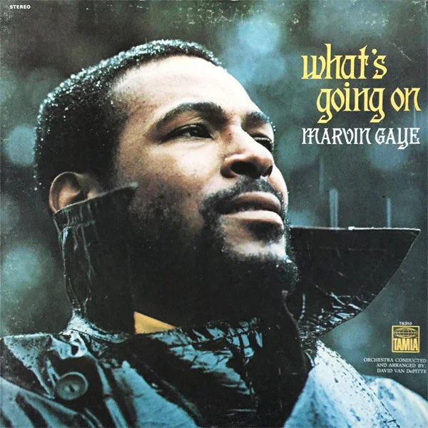 Marvin Gaye What's Going On vinyl record album cover with portrait and rain-coated jacket