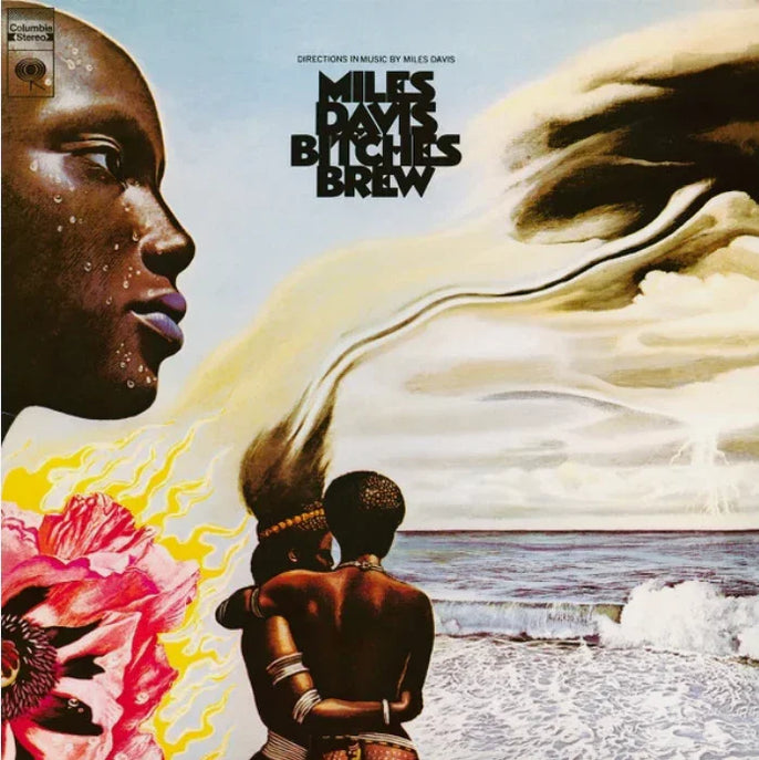 Miles Davis Bitches Brew vinyl album cover art with abstract African-inspired illustration, ocean, and bold text.