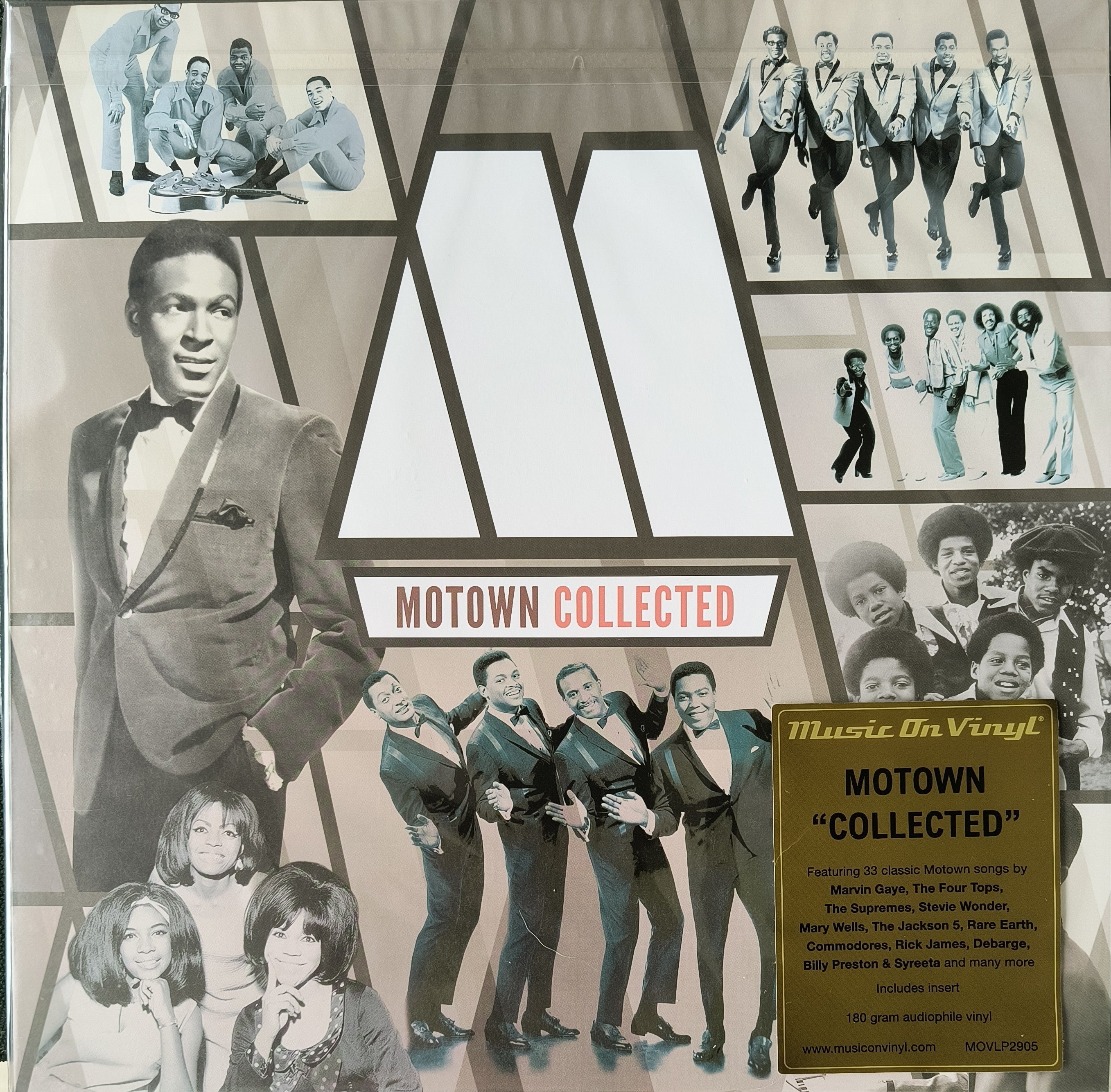 Album cover for "Motown Collected" featuring black-and-white photos of iconic Motown artists in a geometric collage with a large Motown "M" logo in the center.