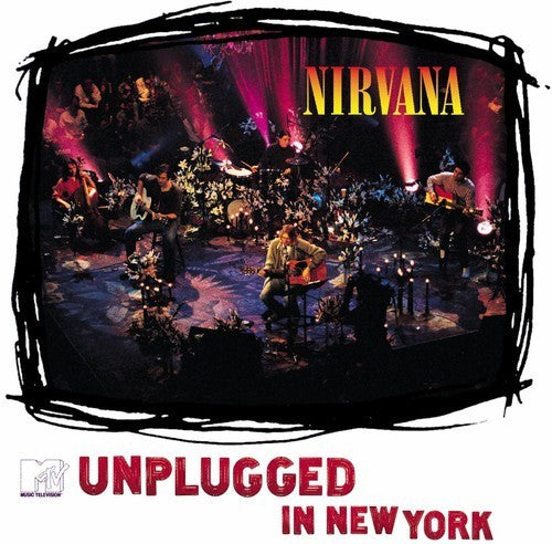 Nirvana band performing acoustic set on stage, MTV Unplugged in New York album cover, vinyl record