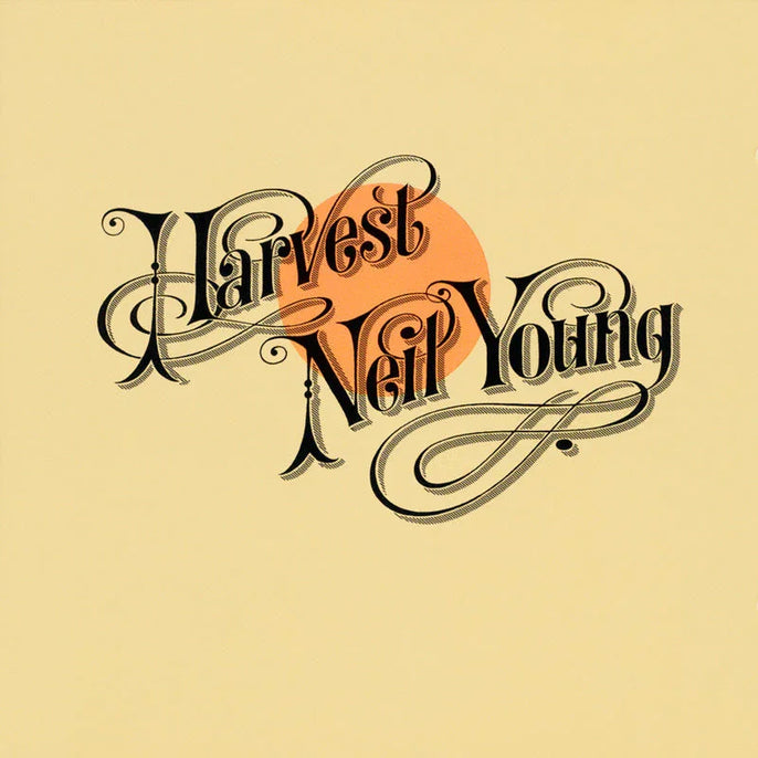 Harvest album cover with ornate script and orange circle on cream background