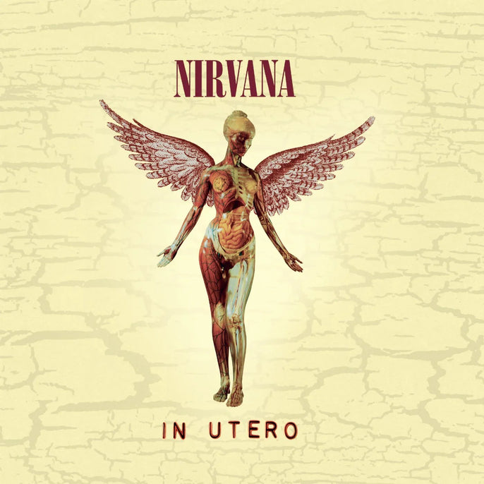 Nirvana In Utero album cover with anatomical angel figure on a beige textured background.