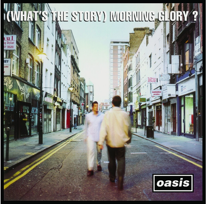 Oasis (What's the Story) Morning Glory? album cover with two men on a city street, vinyl record art