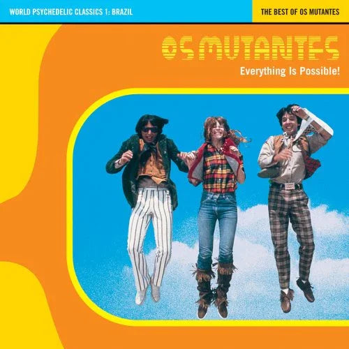 Os Mutantes Everything Is Possible album cover, three band members jumping, retro psychedelic design