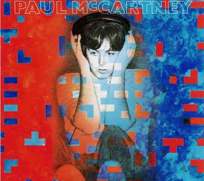 Illustrated image of a person wearing headphones, overlaid with red and blue geometric shapes; "Paul McCartney" is written at the top.