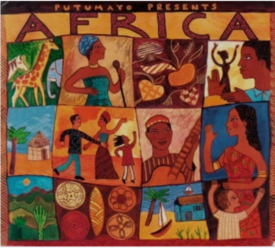 Colorful collage-style illustration depicting African people, animals, huts, musical instruments, and plants; cover art reads "Putumayo Presents Africa" at the top.