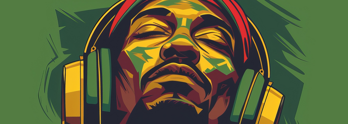 Colorful reggae-inspired artwork of a man with headphones on green background