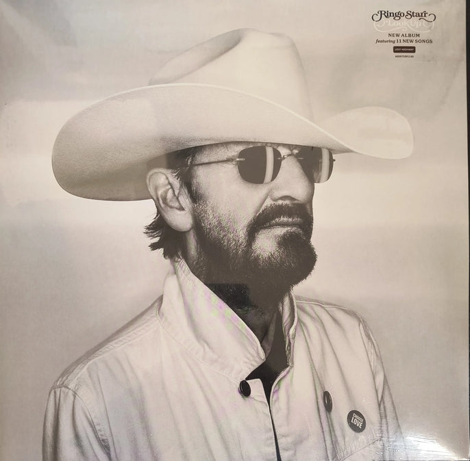 Black and white vinyl record cover featuring a man in sunglasses and cowboy hat, Ringo Starr Look Up album.