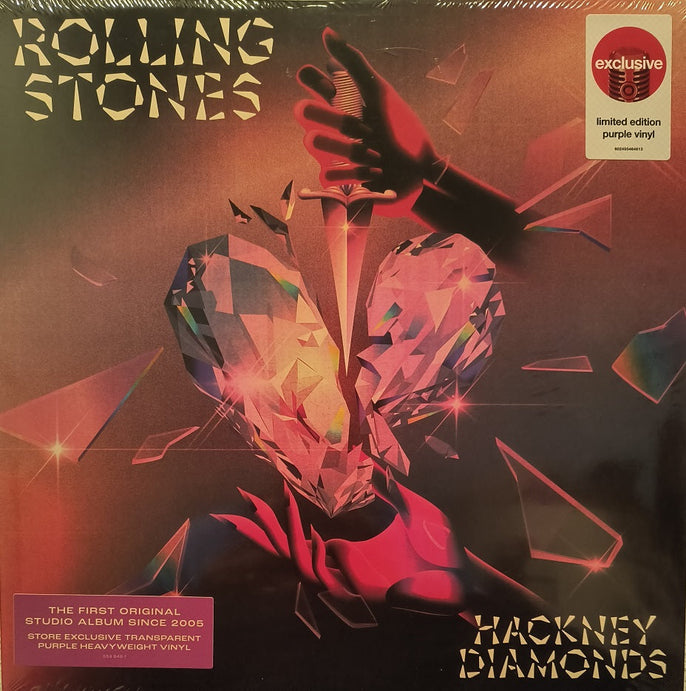 Rolling Stones Hackney Diamonds album cover with shattered diamond heart, exclusive purple vinyl sticker