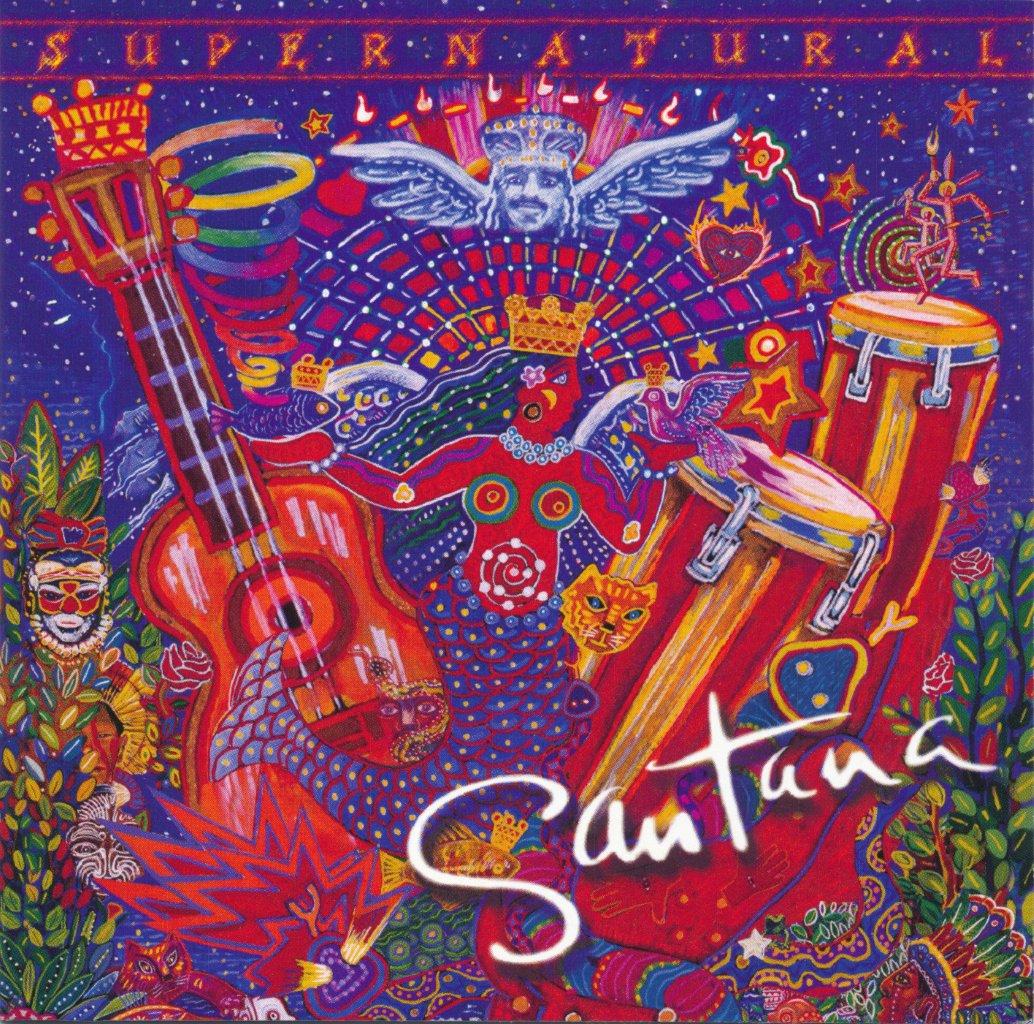 Colorful, psychedelic artwork featuring guitars, drums, faces, and animals; the word "Santana" is prominently written in white script at the bottom.