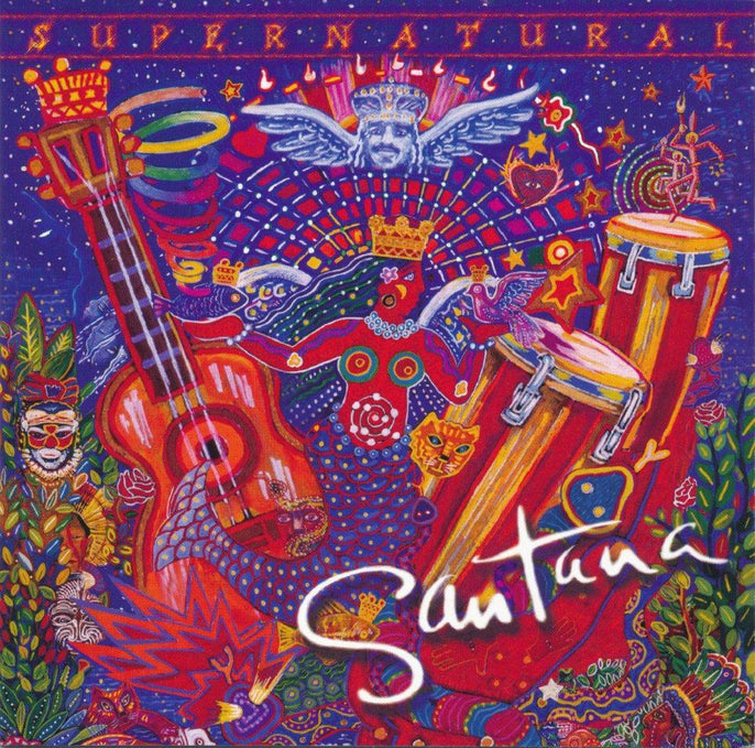 Colorful, psychedelic artwork featuring guitars, drums, faces, and animals; the word "Santana" is prominently written in white script at the bottom.