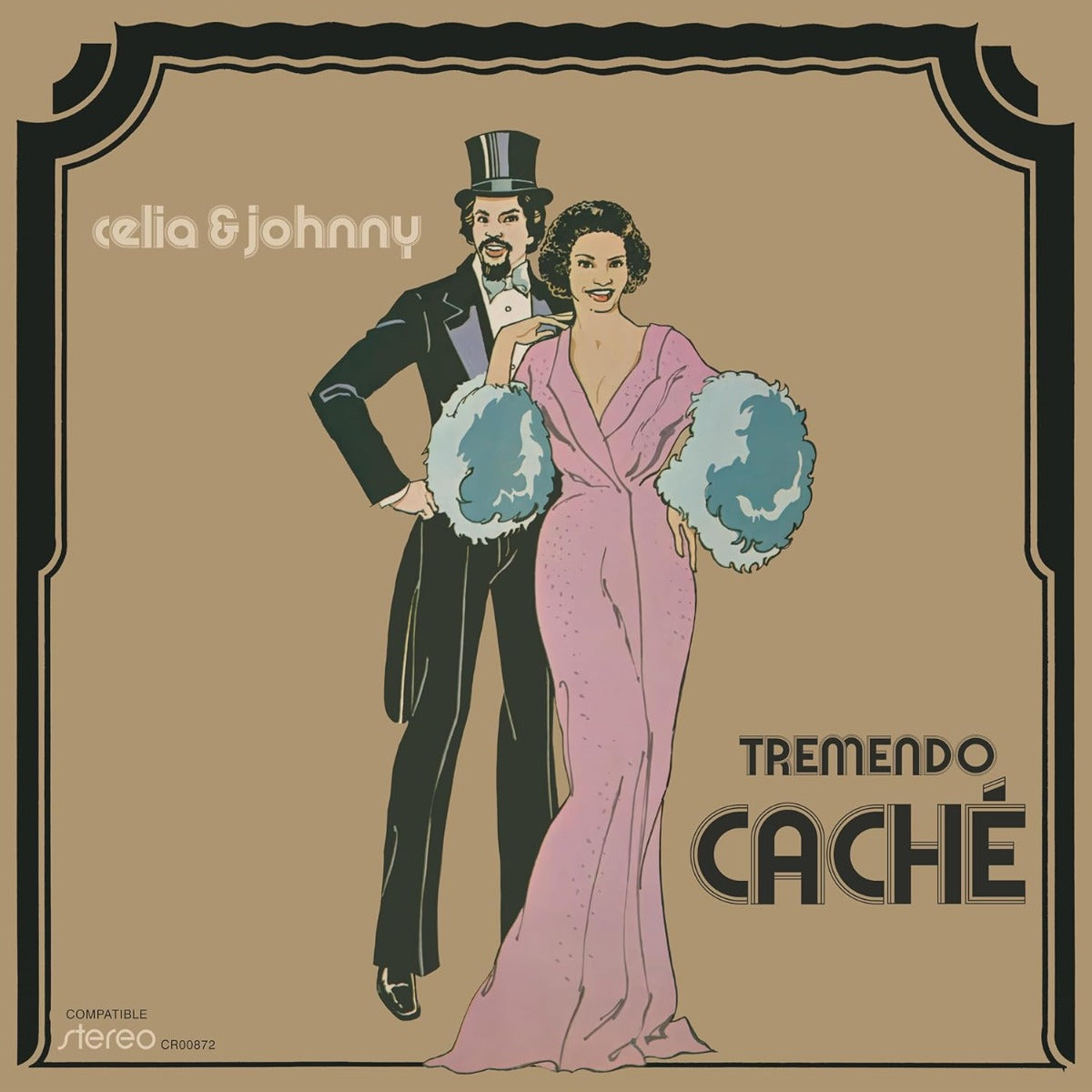 Vintage album cover art showing a couple in elegant attire for Celia & Johnny's Tremendo Caché.